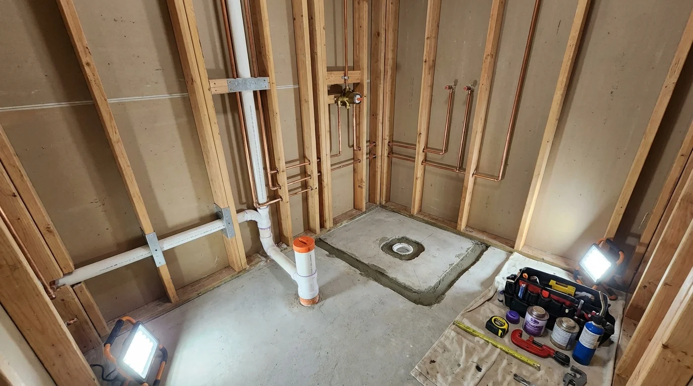 Bathroom rough-in plumbing during remodel by Johns Plumbing LLC in Pine City