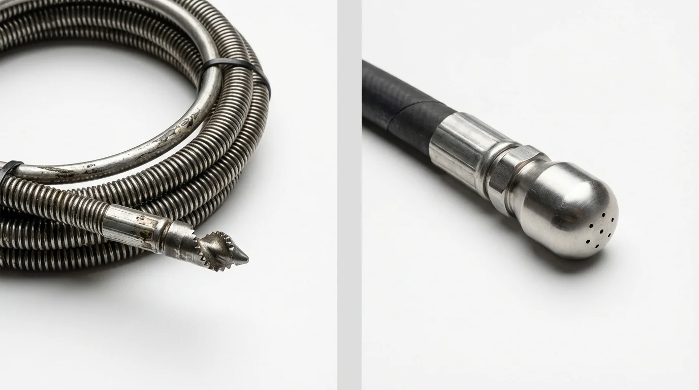 Drain snake cable and hydro jetting nozzle used for drain cleaning in Pine City, MN