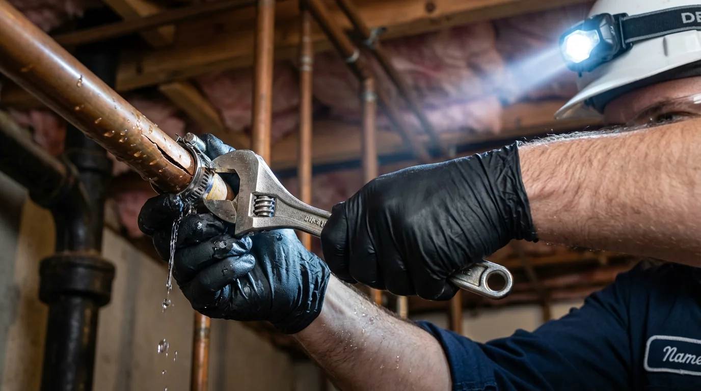 Emergency pipe clamp repair being performed by a Johns Plumbing LLC plumber in Pine City