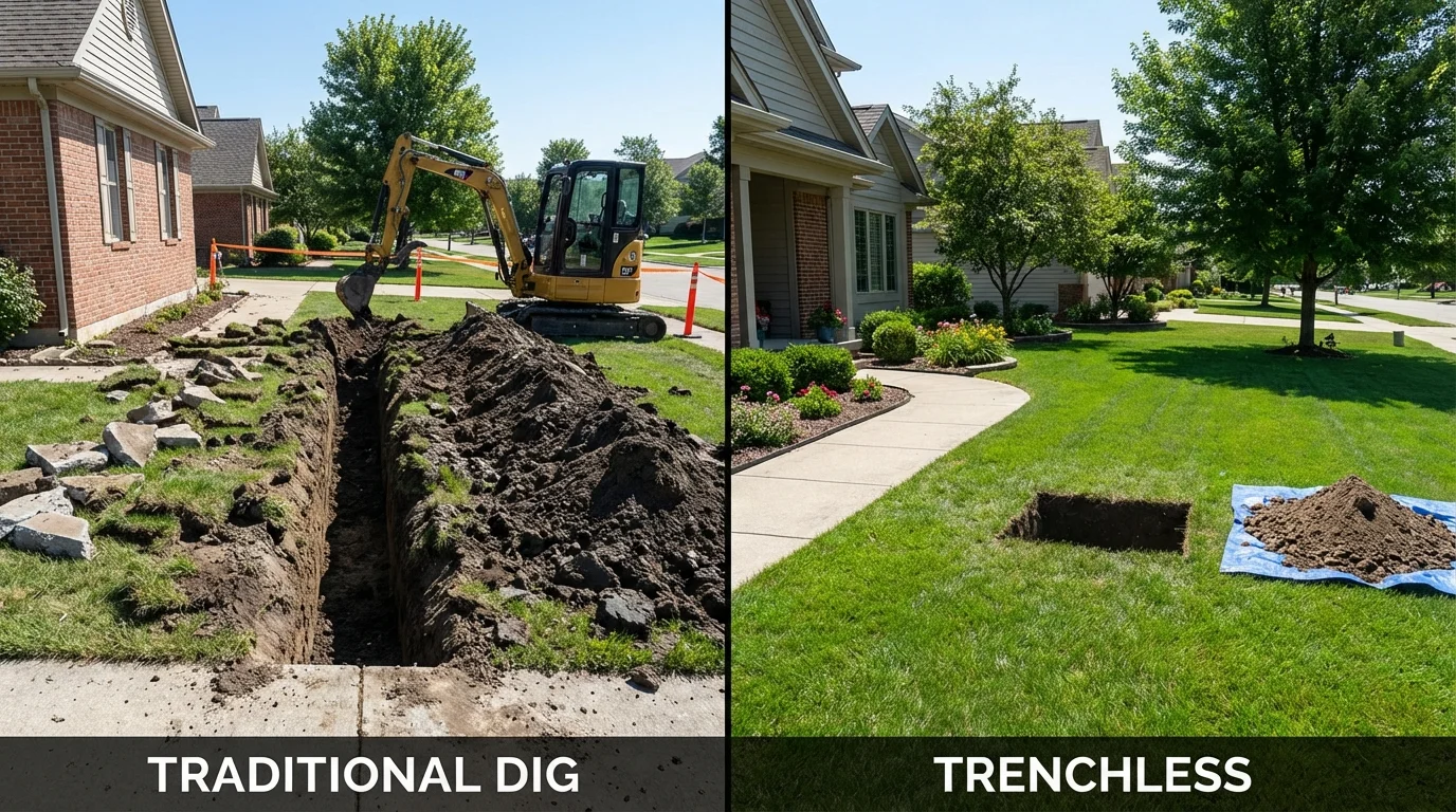 Trenchless sewer repair with minimal yard damage versus traditional excavation in Pine City, MN