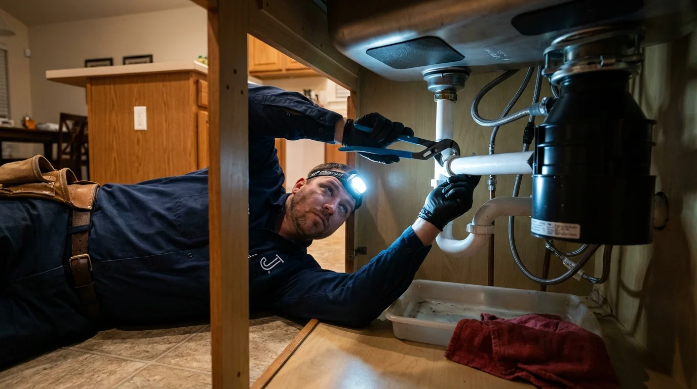 P-trap and supply line connections under a kitchen sink showing a common leak point in Pine City, MN